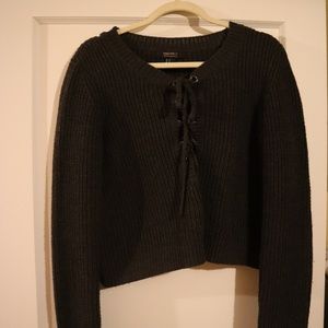 Cropped lace up knit sweater